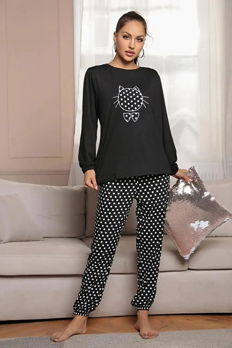 Pijama Feminino Cute Cat Conjunto Com Calça e Camisa Longa | Tecido Leve e Confortável