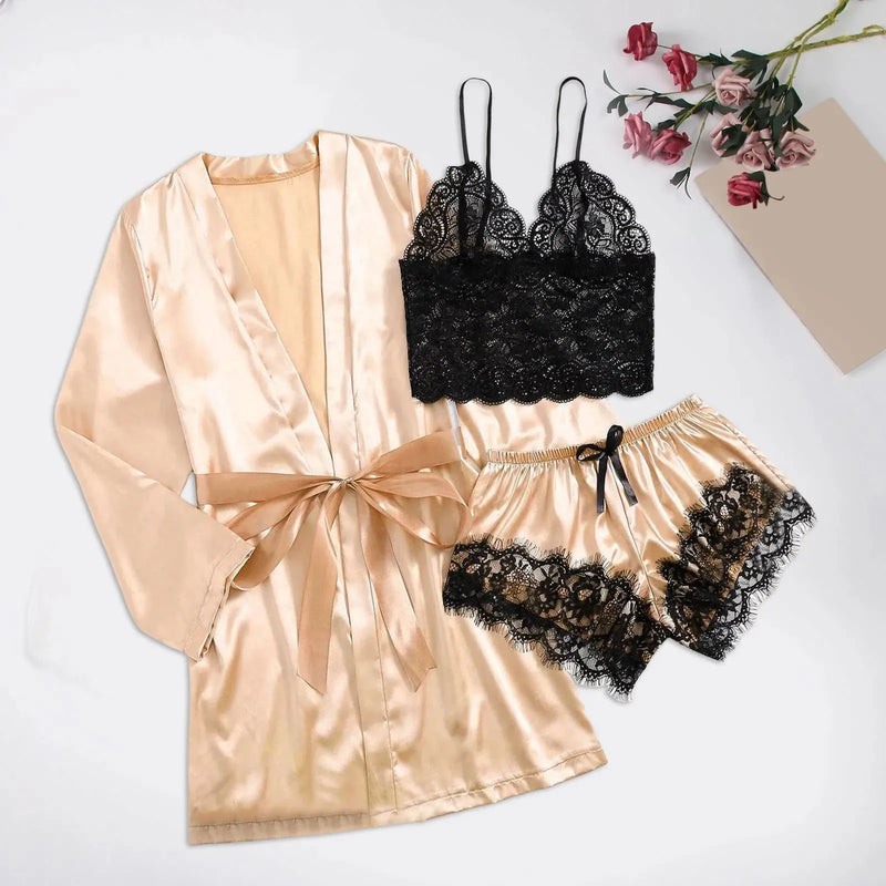 Pijama Feminino LadySexy Conjunto Com Top De Renda, MiniShorts De Renda e Roupão Em Cetim Seda Premium | Sensualidade e Conforto