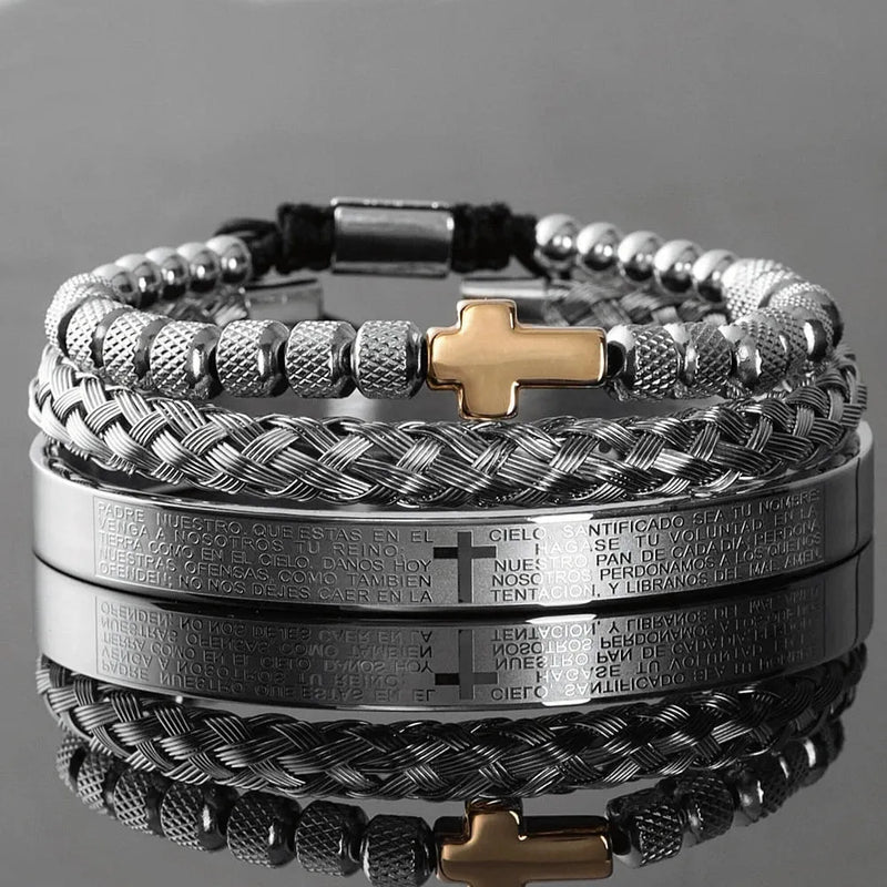 Kit 3 Pulseiras CRUZ - Joia em Aço Inoxidável Banhada em Ouro e Prata