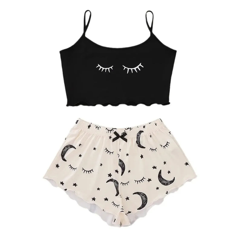 Pijama Feminino SweetMoon - Conjunto Top Cropped e Shorts Fresquinho LooseFit | Tecido Super Macio e Confortável