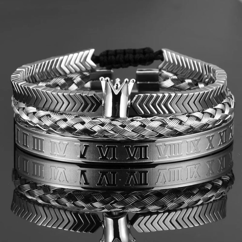 Kit 3 Pulseiras KING CROWN - Joia em Aço Inoxidável Banhada em Ouro e Prata