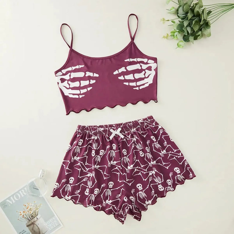 Pijama Feminino SkeletonLove - Conjunto Top Cropped e Shorts Fresquinho LooseFit | Tecido Super Macio e Confortável