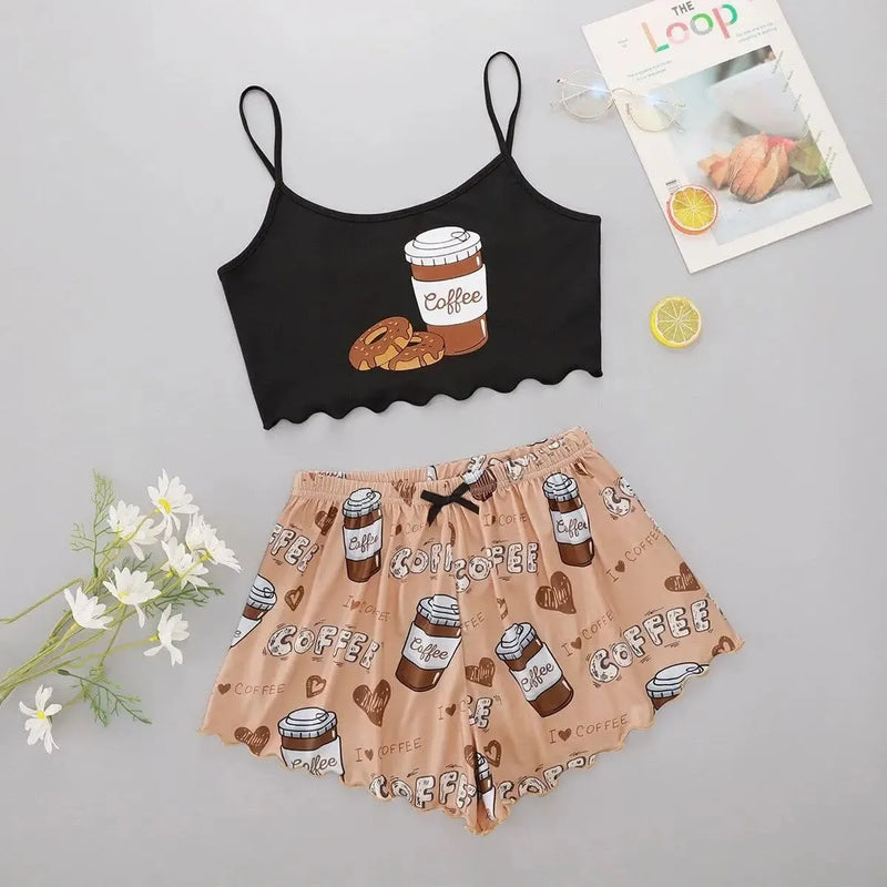 Pijama Feminino LoveCofee - Conjunto Top Cropped e Shorts Fresquinho LooseFit | Tecido Super Macio e Confortável