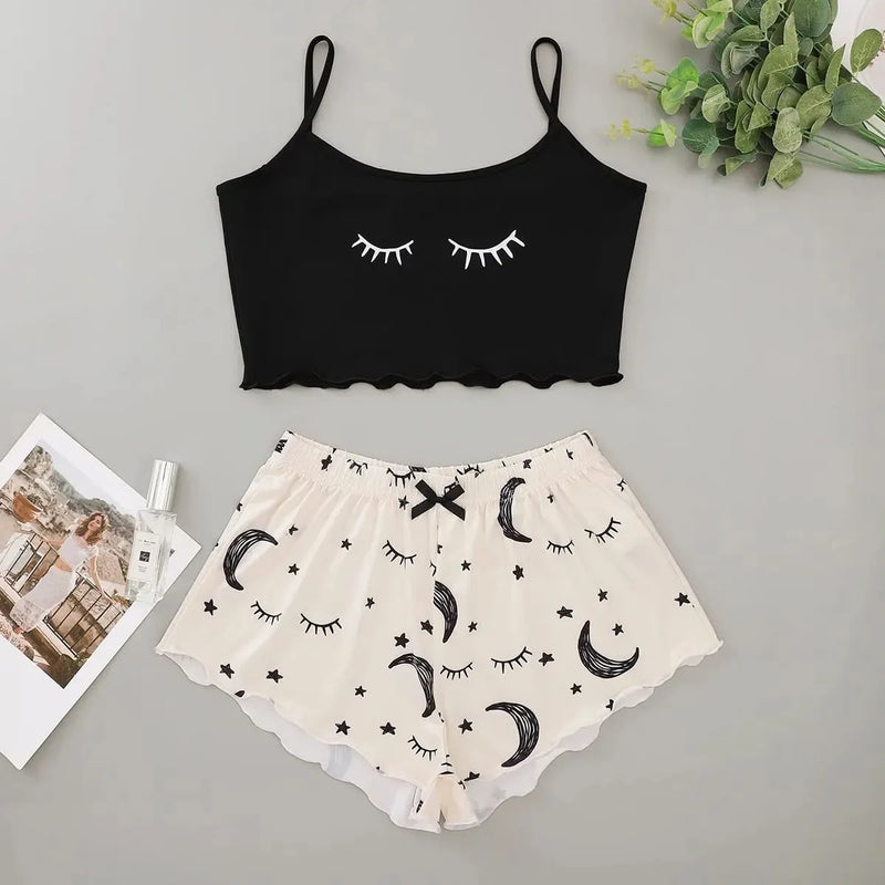 Pijama Feminino SweetMoon - Conjunto Top Cropped e Shorts Fresquinho LooseFit | Tecido Super Macio e Confortável