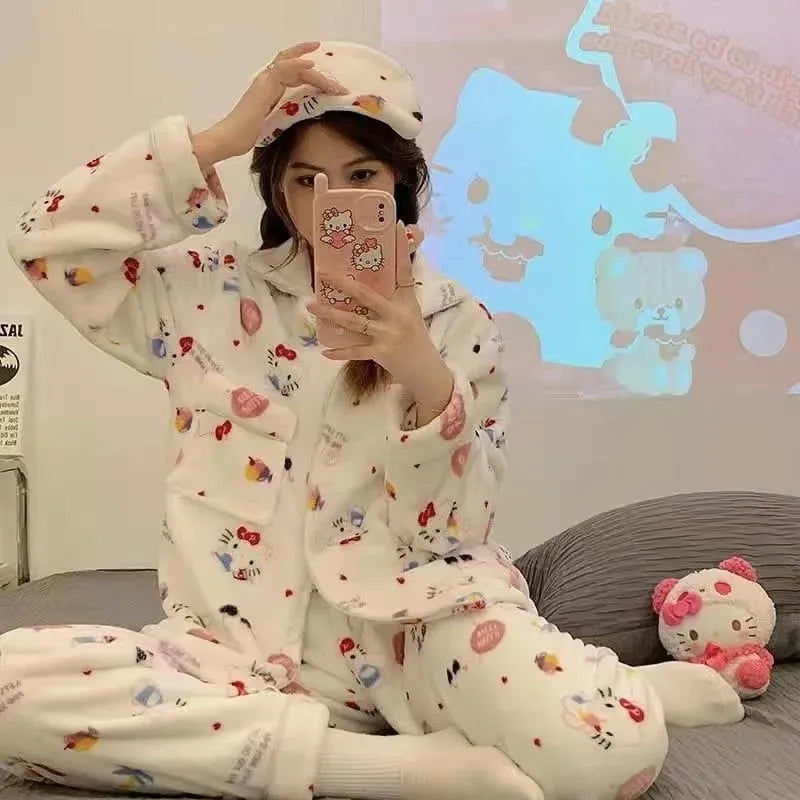 Pijama Feminino de Pelúcia Kitty Conjunto Com Moletom e Calça De Pelúcia Plush | Quentinho, Macio e Super Confortável