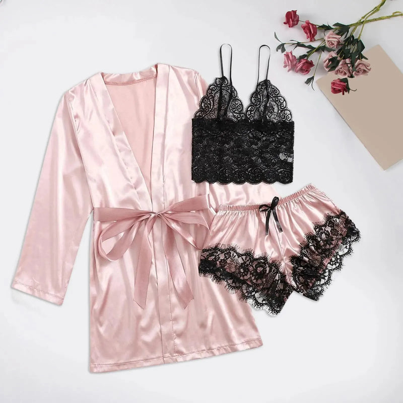 Pijama Feminino LadySexy Conjunto Com Top De Renda, MiniShorts De Renda e Roupão Em Cetim Seda Premium | Sensualidade e Conforto