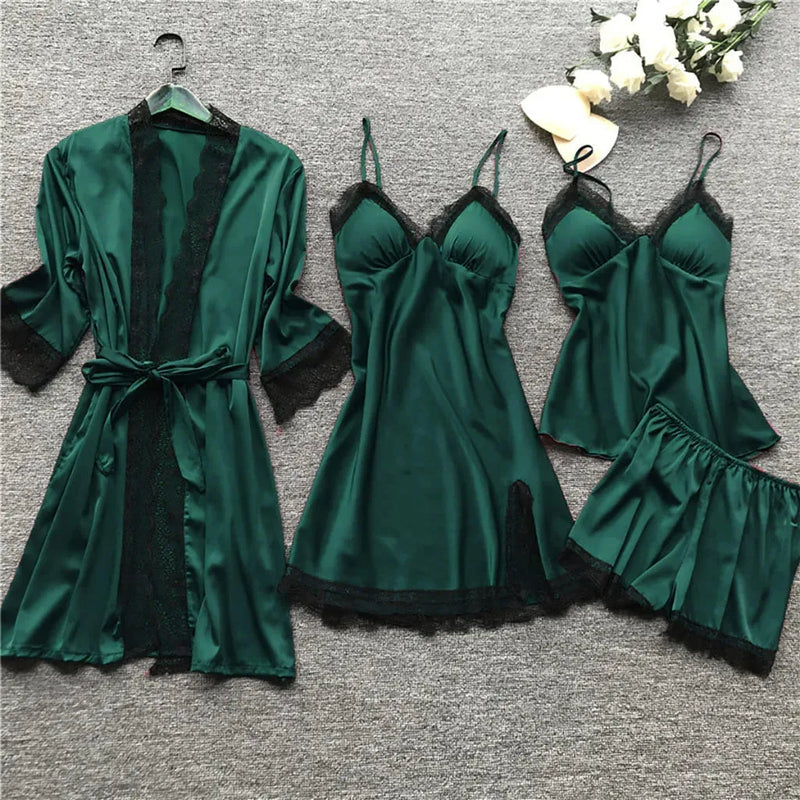 Conjunto 4 Peças Pijama Feminino Velvet Camisola, Baby Doll, Shorts e Roupão Em Seda Gelo Premium | Toque De Seda Confortável