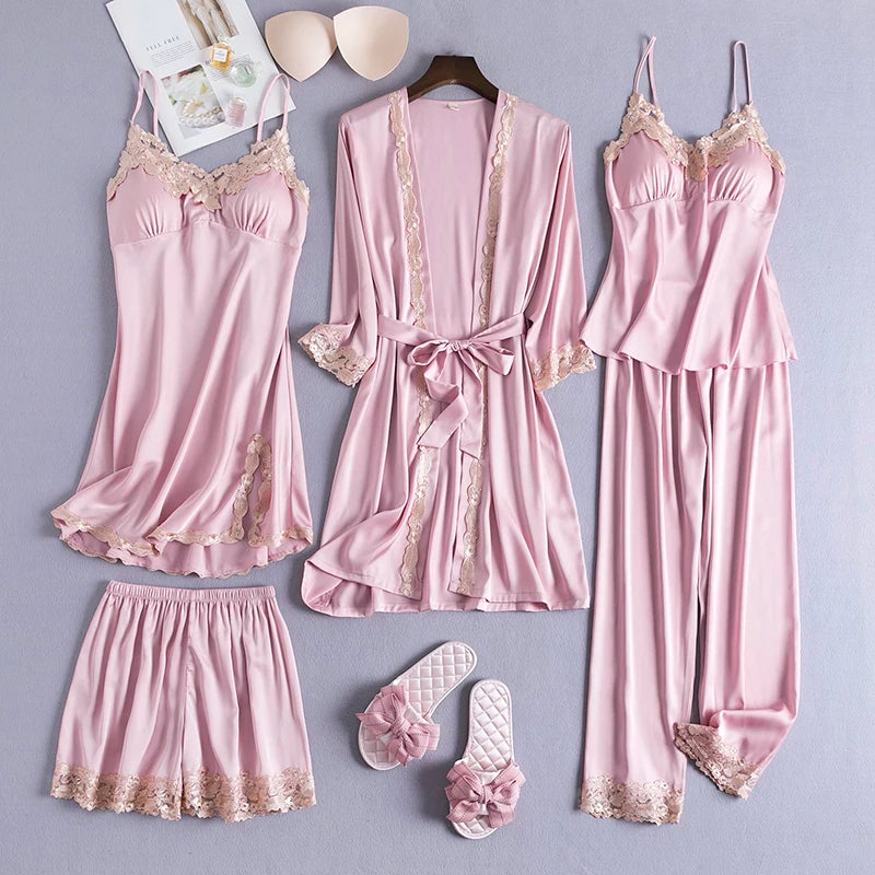 Conjunto 5 Peças Pijama Feminino Madamme Com Camisola, Baby Doll, Shorts, Calça e Roupão Em Seda Gelo Premium | Toque De Seda Confortável