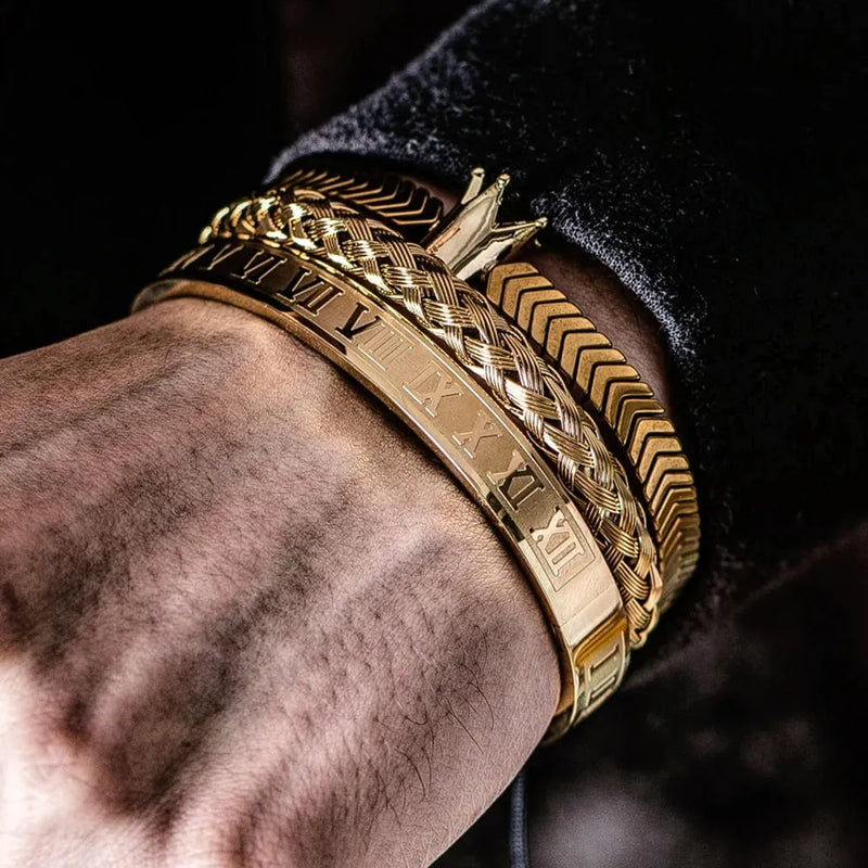 Kit 3 Pulseiras KING CROWN - Joia em Aço Inoxidável Banhada em Ouro e Prata