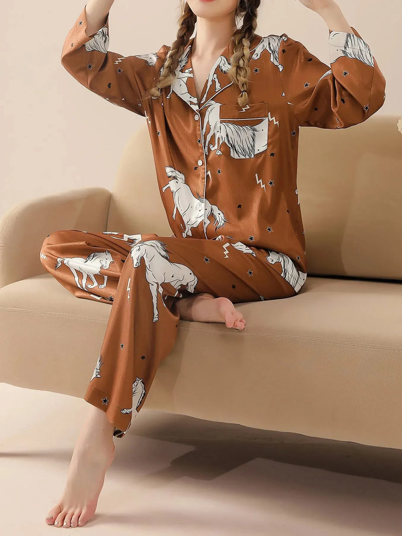 Pijama Feminino Jóquei - Conjunto Luxo Calça e Camisa Longa Em Cetim Seda Gelo Premium | Toque De Seda Super Confortável