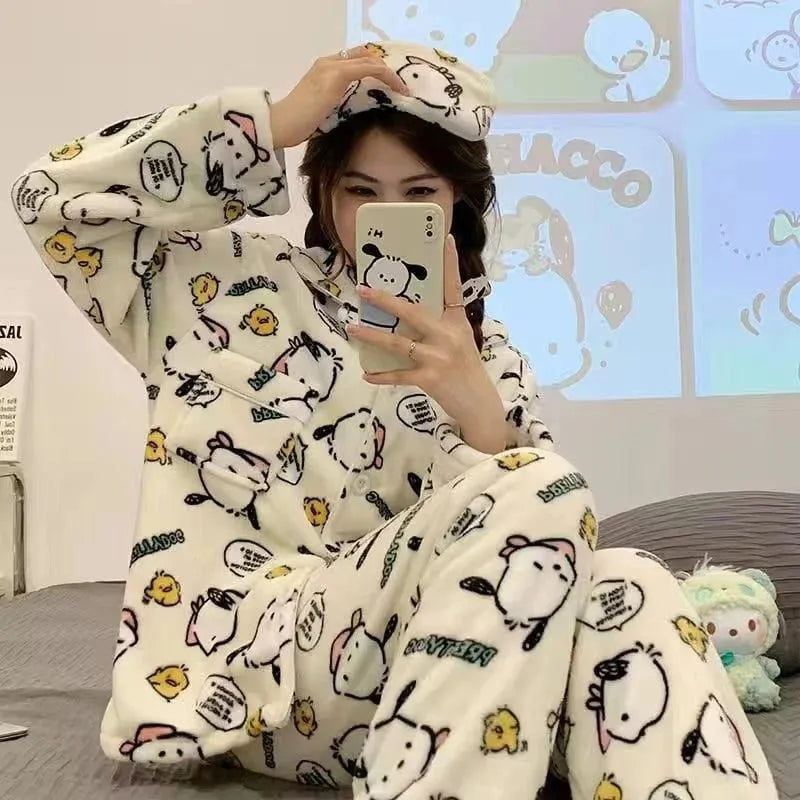 Pijama Feminino de Pelúcia Kitty Conjunto Com Moletom e Calça De Pelúcia Plush | Quentinho, Macio e Super Confortável