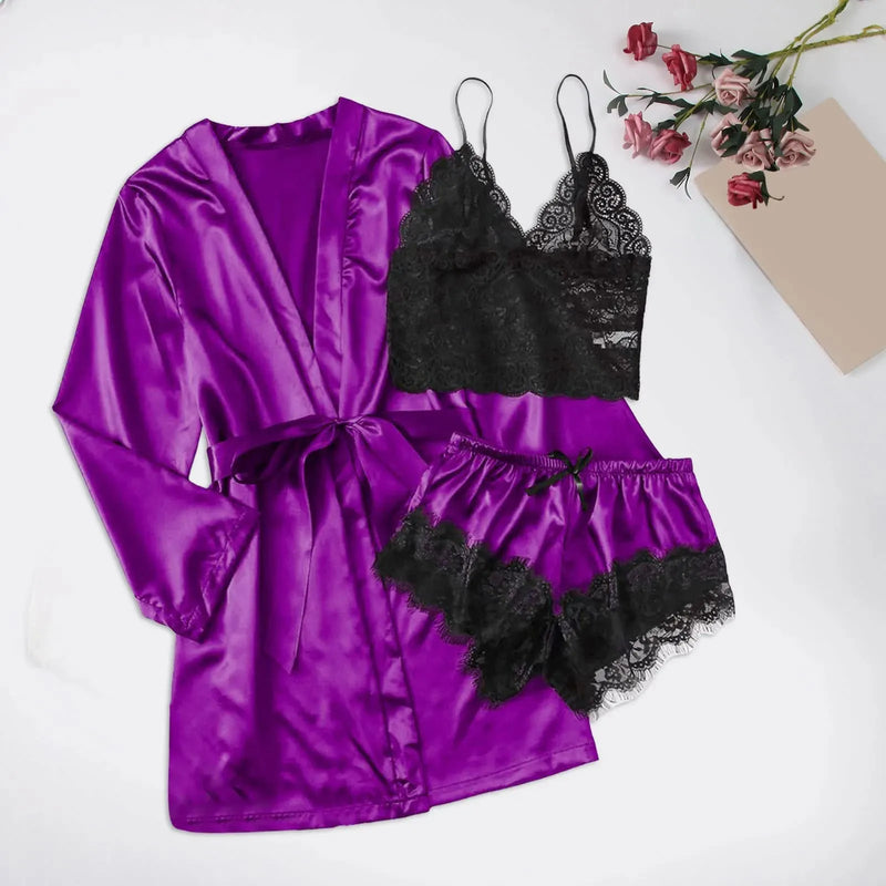 Pijama Feminino LadySexy Conjunto Com Top De Renda, MiniShorts De Renda e Roupão Em Cetim Seda Premium | Sensualidade e Conforto