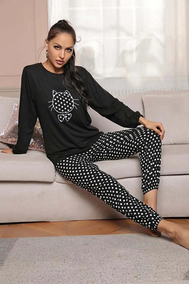 Pijama Feminino Cute Cat Conjunto Com Calça e Camisa Longa | Tecido Leve e Confortável