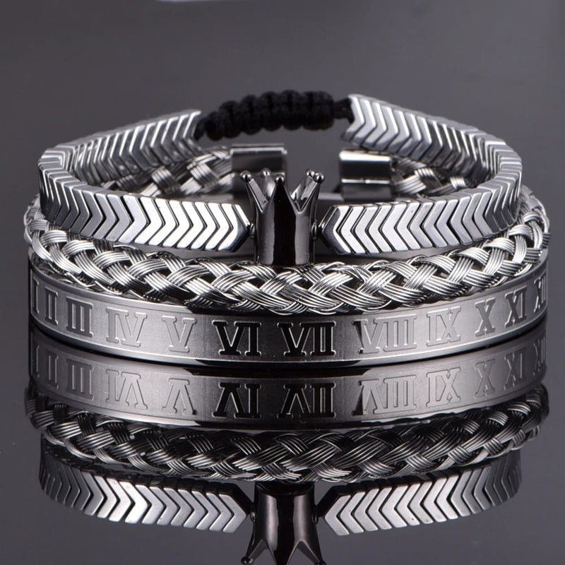 Kit 3 Pulseiras KING CROWN - Joia em Aço Inoxidável Banhada em Ouro e Prata