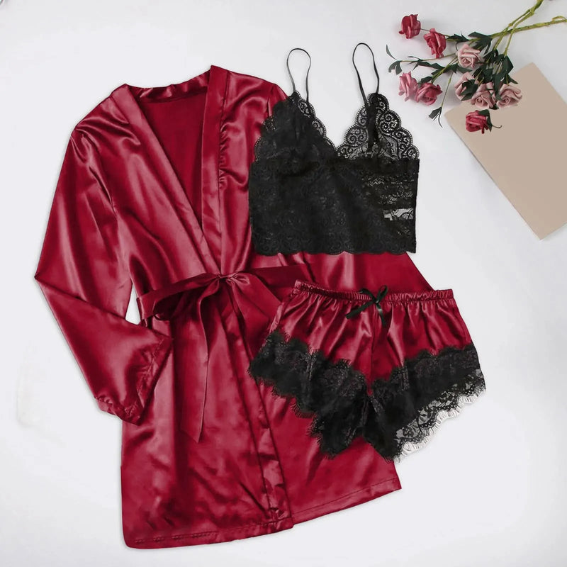 Pijama Feminino LadySexy Conjunto Com Top De Renda, MiniShorts De Renda e Roupão Em Cetim Seda Premium | Sensualidade e Conforto