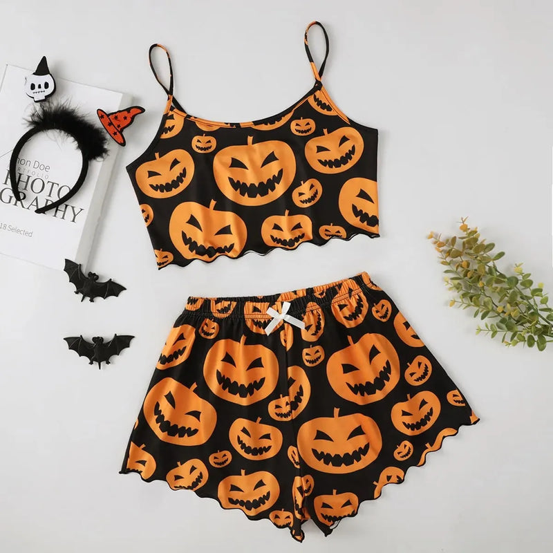 Pijama Feminino Haloween - Conjunto Top Cropped e Shorts Fresquinho LooseFit | Tecido Super Macio e Confortável