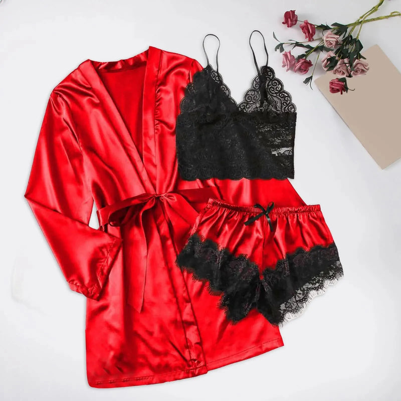 Pijama Feminino LadySexy Conjunto Com Top De Renda, MiniShorts De Renda e Roupão Em Cetim Seda Premium | Sensualidade e Conforto