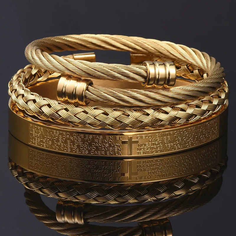 Kit 3 Pulseiras CRUZ - Joia em Aço Inoxidável Banhada em Ouro e Prata