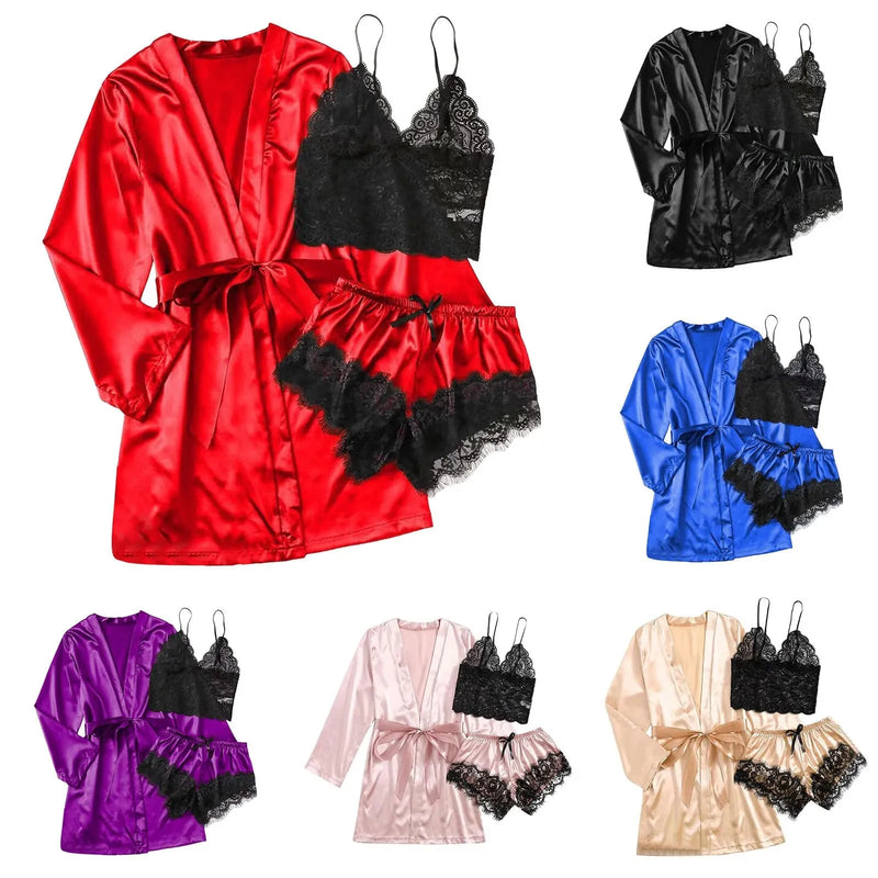 Pijama Feminino LadySexy Conjunto Com Top De Renda, MiniShorts De Renda e Roupão Em Cetim Seda Premium | Sensualidade e Conforto