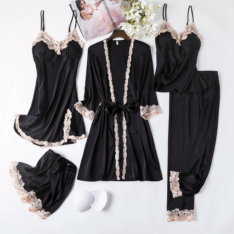 Conjunto 5 Peças Pijama Feminino Madamme Com Camisola, Baby Doll, Shorts, Calça e Roupão Em Seda Gelo Premium | Toque De Seda Confortável