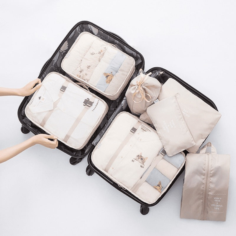 Cor branco; branco; beje; Kit organizador de mala; Organizador de viagem; Bolsas para malas; Organização de bagagem; Conjunto de organizadores de viagem; Inov&Tec Store; Compra Segura; Compra Com Garantia; Garantia