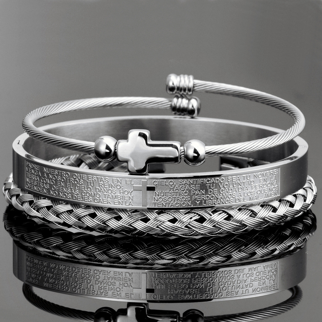 Conjunto 3 Pulseiras em Aço Inoxidável Banhada em Ouro e Prata Crucifixo PAI NOSSO