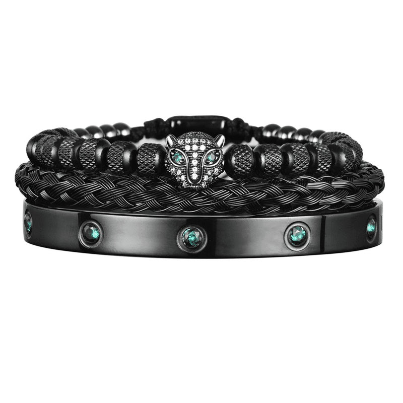 Kit 3 Pulseiras em Aço Inoxídável Banhado e Cravejada Com Cristal de Zircônia Pantera ROYAL