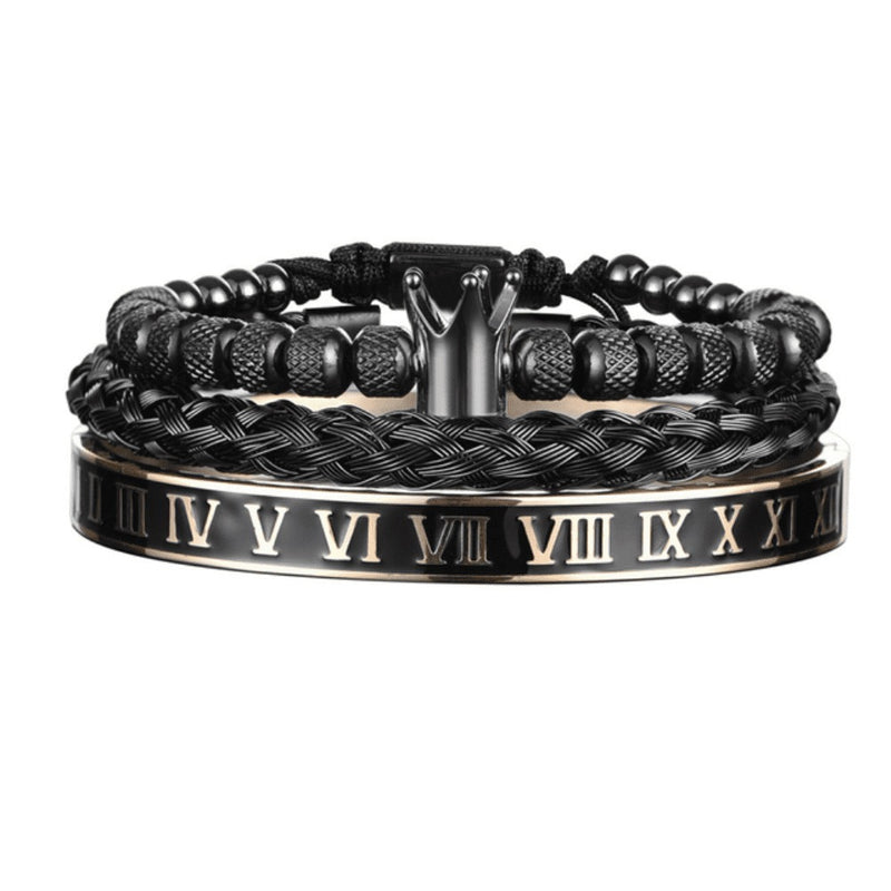 Kit 3 Pulseiras Masculinas em Aço Inoxidável Banhada a Ouro e Prata com Coroa THE KING