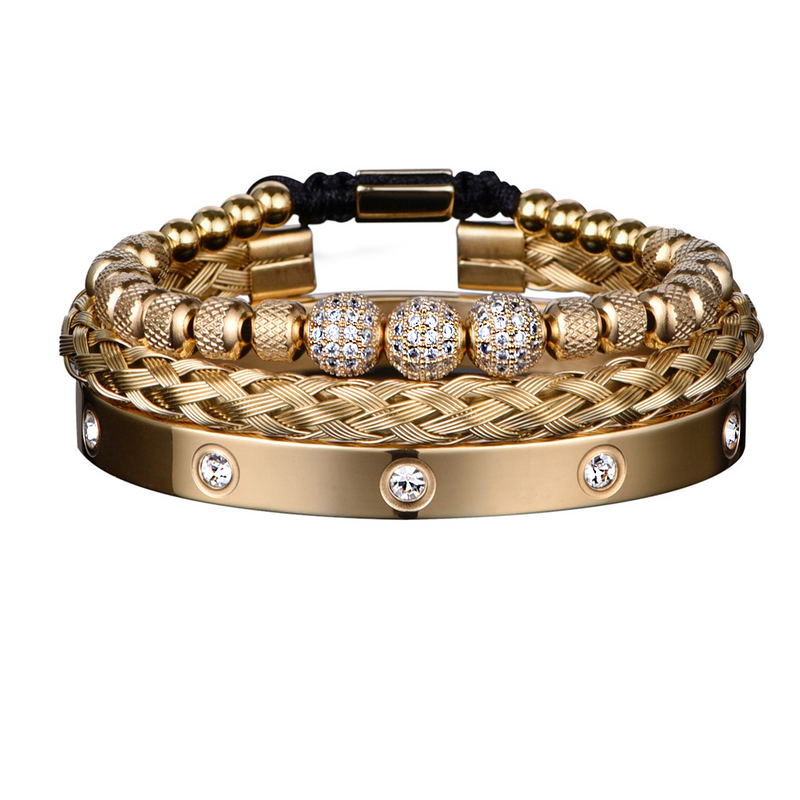Kit 3 Pulseiras Masculinas Banhadas em Ouro e Prata Cravejada com Zircônias AAA MAGNATA