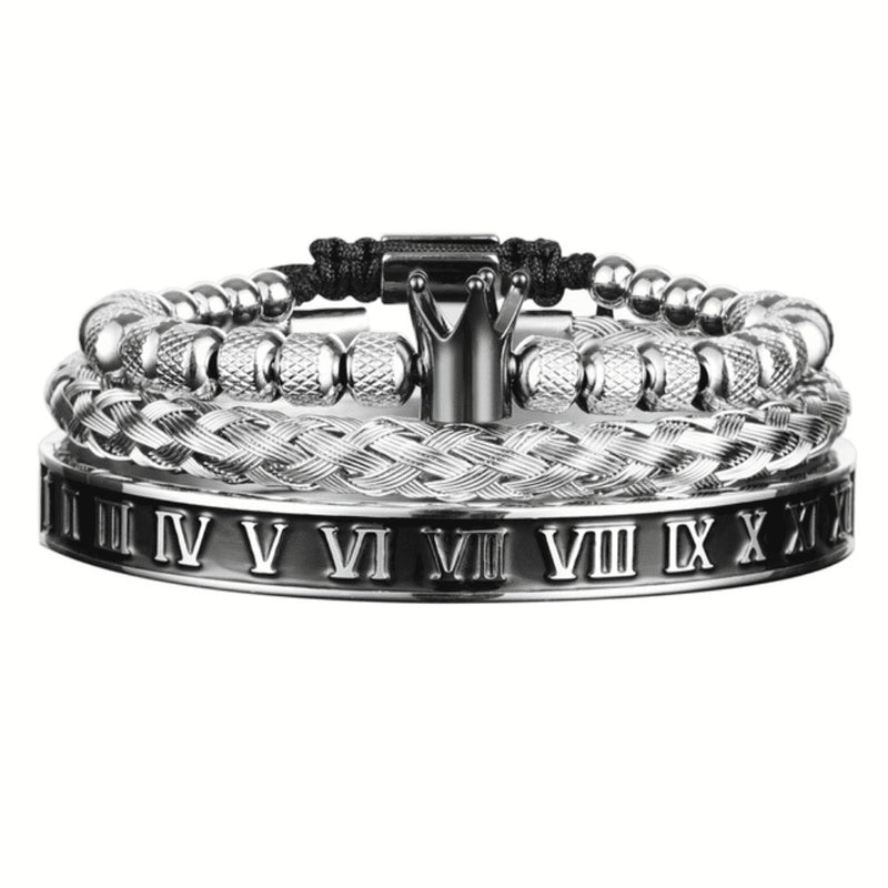Kit 3 Pulseiras Masculinas em Aço Inoxidável Banhada a Ouro e Prata com Coroa THE KING