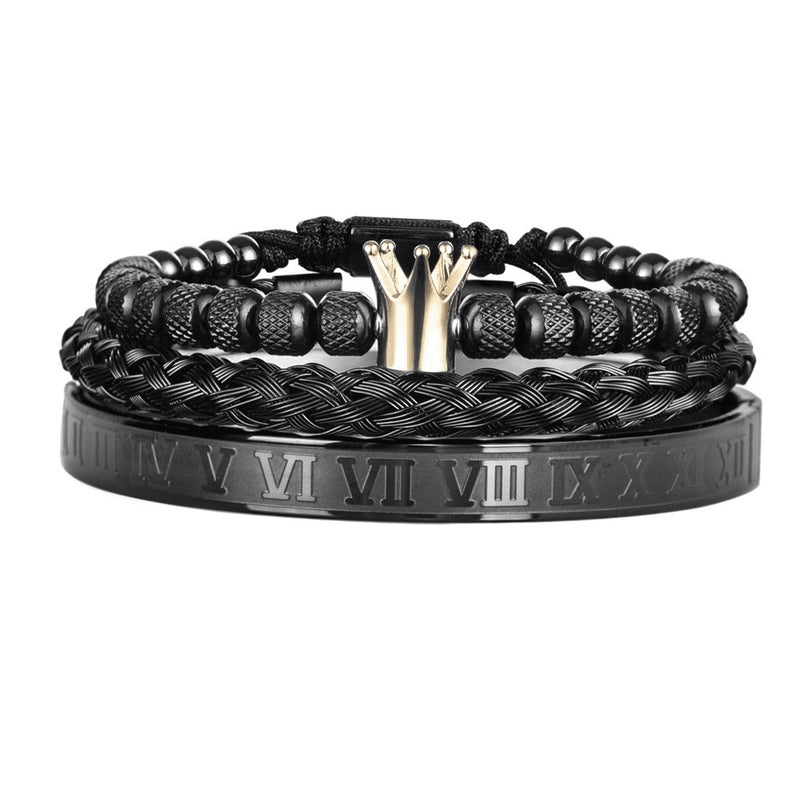 Kit 3 Pulseiras Masculinas em Aço Inoxidável Banhada a Ouro e Prata com Coroa THE KING