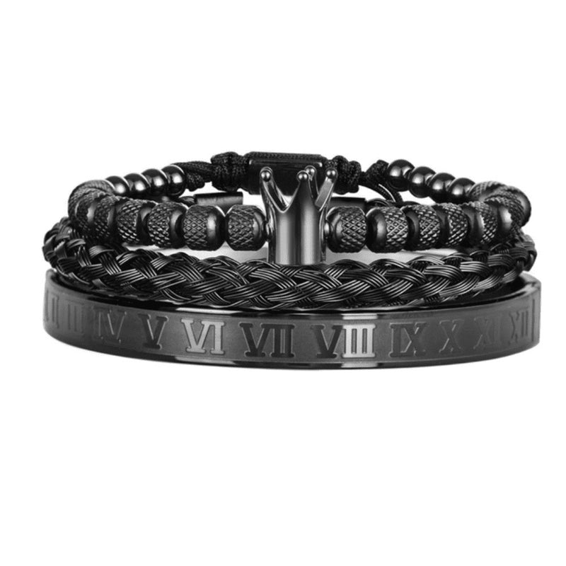 Kit 3 Pulseiras Masculinas em Aço Inoxidável Banhada a Ouro e Prata com Coroa THE KING