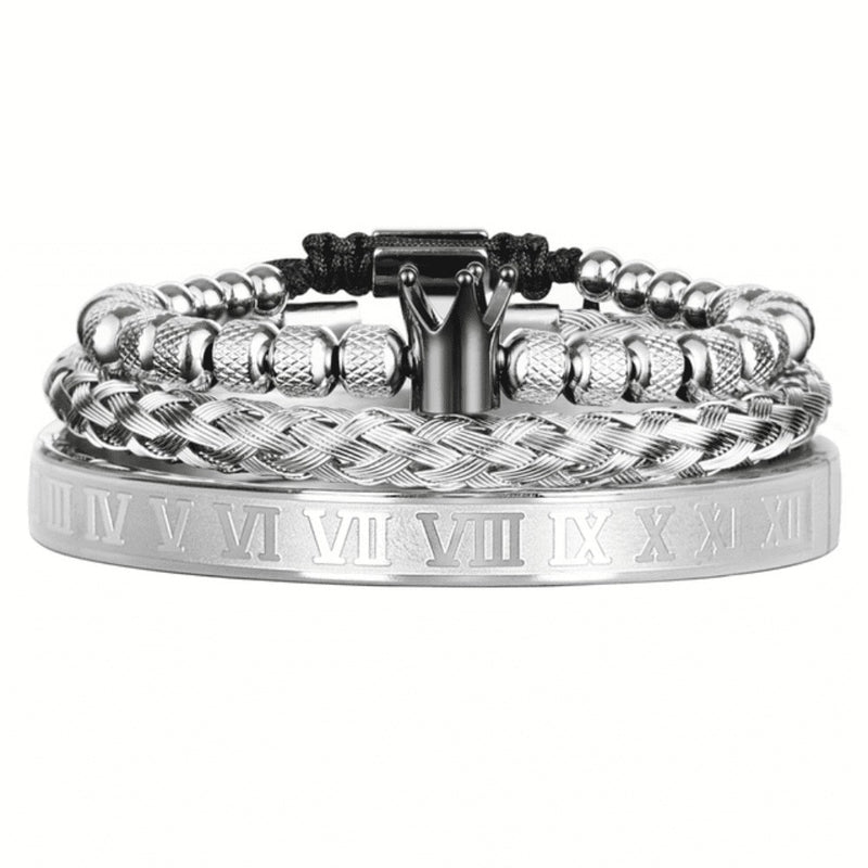Kit 3 Pulseiras Masculinas em Aço Inoxidável Banhada a Ouro e Prata com Coroa THE KING