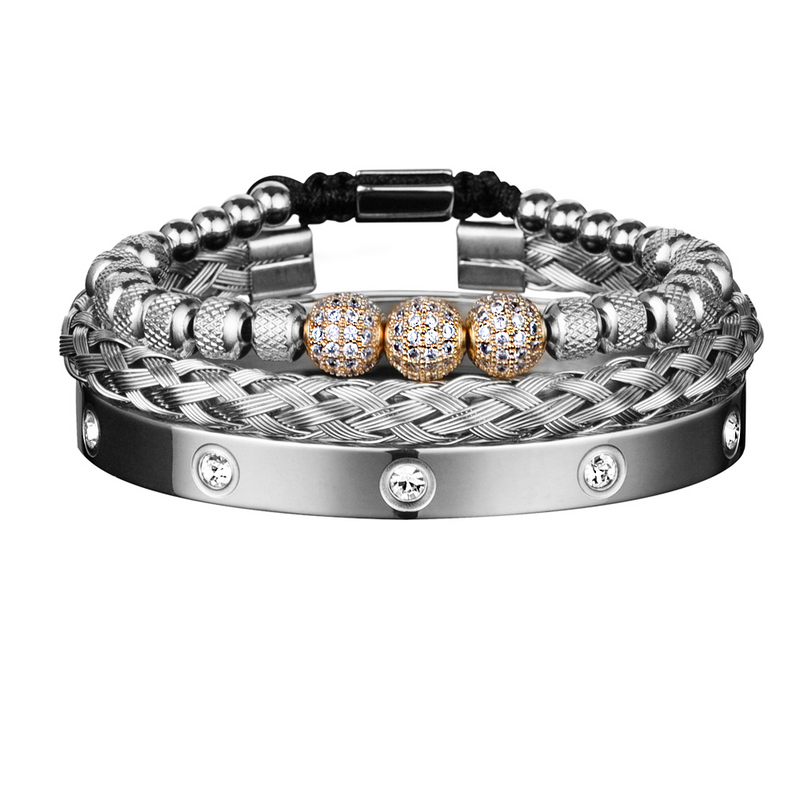 Kit 3 Pulseiras Masculinas Banhadas em Ouro e Prata Cravejada com Zircônias AAA MAGNATA