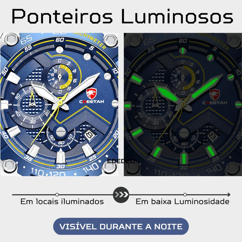 Relógio Masculino CHEETAH TACHYMETER - Design Sport Fino, Cronógrafo, Calendário e à Prova D'água