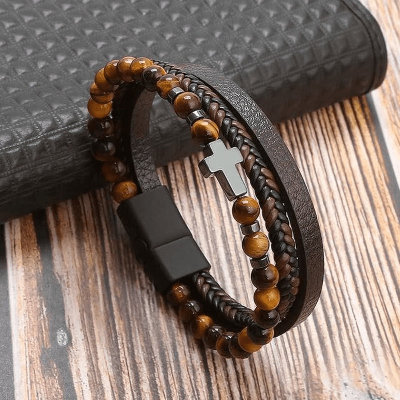 Pulseira em Couro com Pedras e Pingentes THE MAN