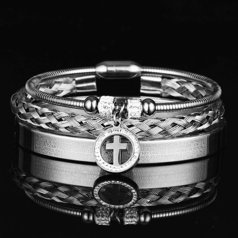 Kit 3 Joias Pulseiras Masculinas Cravejada com Zircônia AAA e Oração PAI NOSSO