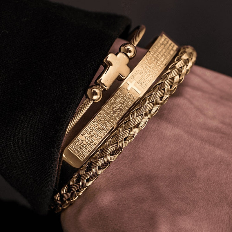 Conjunto 3 Pulseiras em Aço Inoxidável Banhada em Ouro e Prata Crucifixo PAI NOSSO