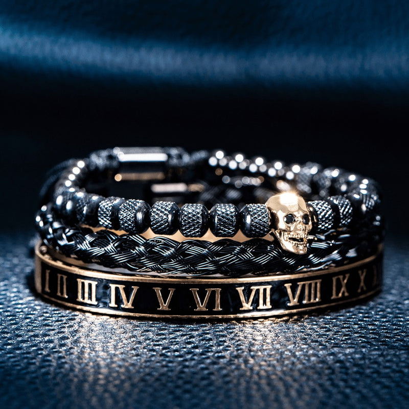 Kit 3 Pulseiras Banhada em Ouro e Prata Caveira OLD SKULL