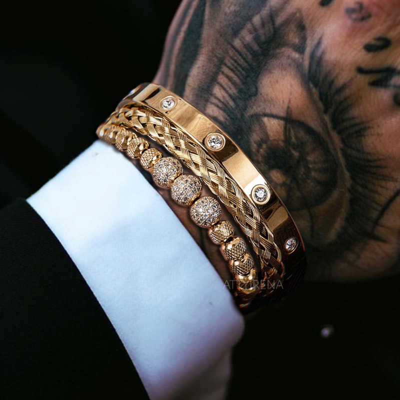 Kit 3 Pulseiras Masculinas Banhadas em Ouro e Prata Cravejada com Zircônias AAA MAGNATA