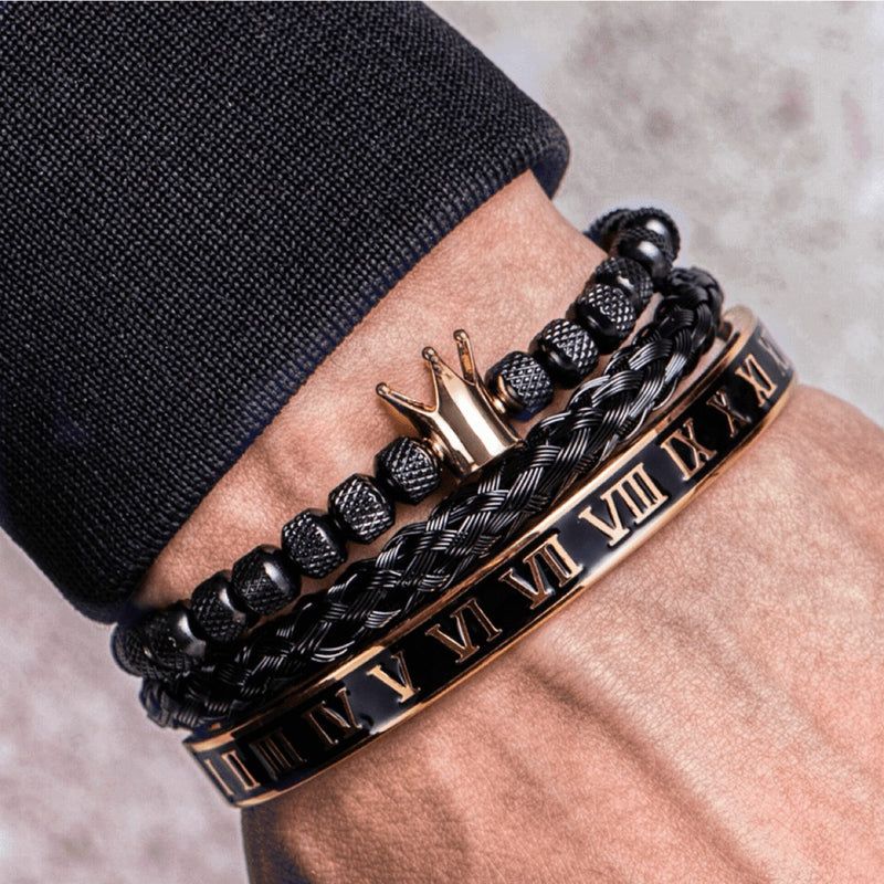 Kit 3 Pulseiras Masculinas em Aço Inoxidável Banhada a Ouro e Prata com Coroa THE KING