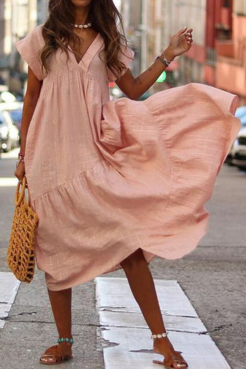 Vestido Midi Manga Curta Babados em Algodão Boho Chic