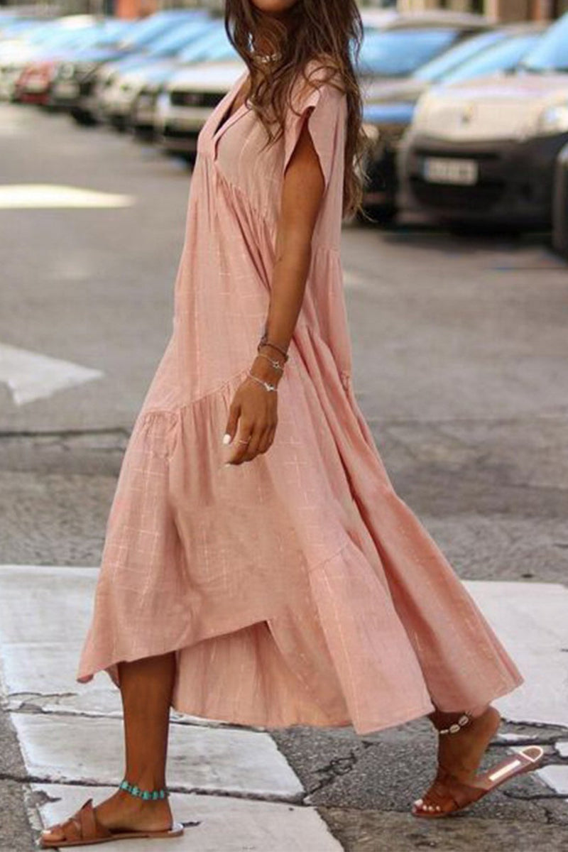 Vestido Midi Manga Curta Babados em Algodão Boho Chic