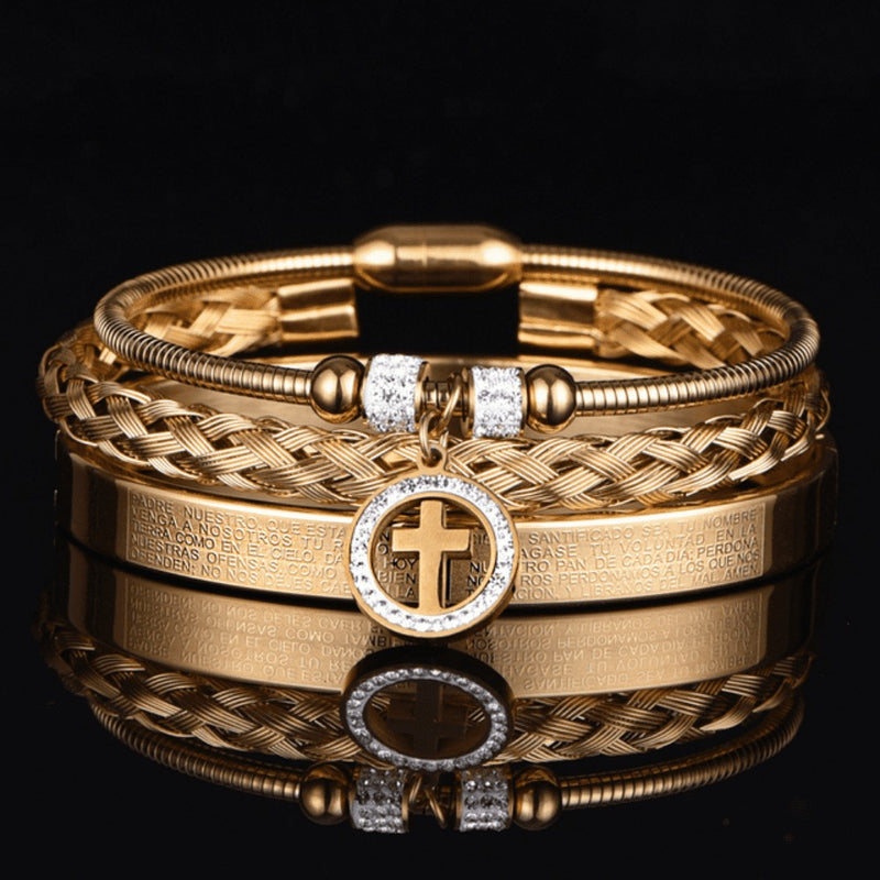 Kit 3 Joias Pulseiras Masculinas Cravejada com Zircônia AAA e Oração PAI NOSSO