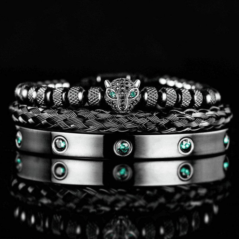 Kit 3 Pulseiras em Aço Inoxídável Banhado e Cravejada Com Cristal de Zircônia Pantera ROYAL