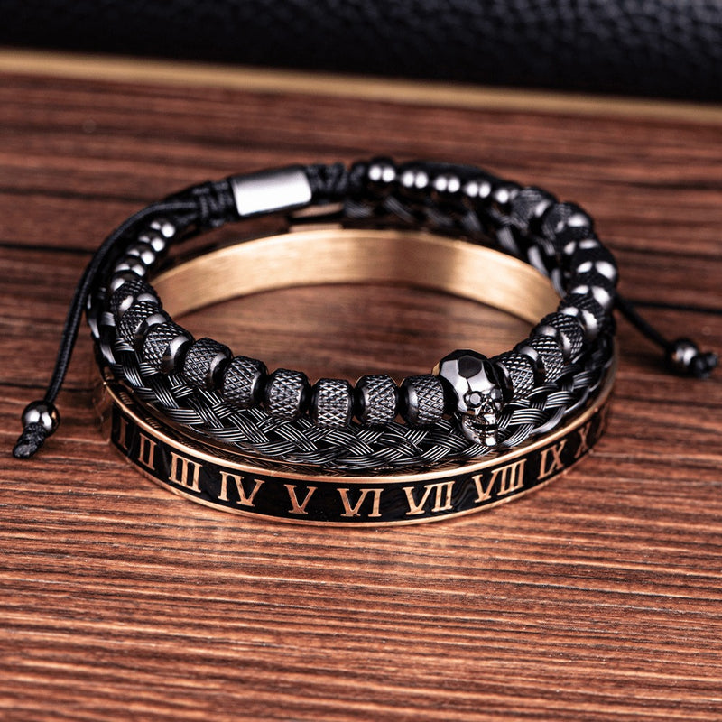 Kit 3 Pulseiras Banhada em Ouro e Prata Caveira OLD SKULL