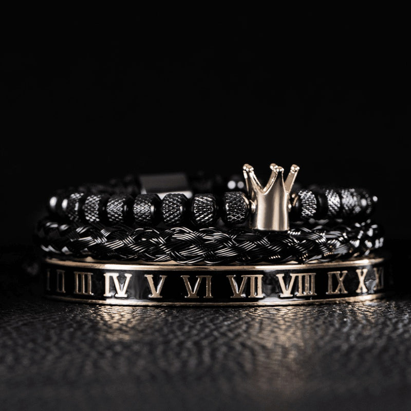 Kit 3 Pulseiras Masculinas em Aço Inoxidável Banhada a Ouro e Prata com Coroa THE KING
