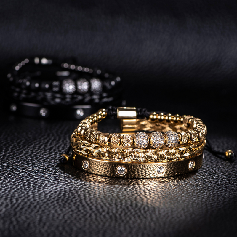 Kit 3 Pulseiras Masculinas Banhadas em Ouro e Prata Cravejada com Zircônias AAA MAGNATA