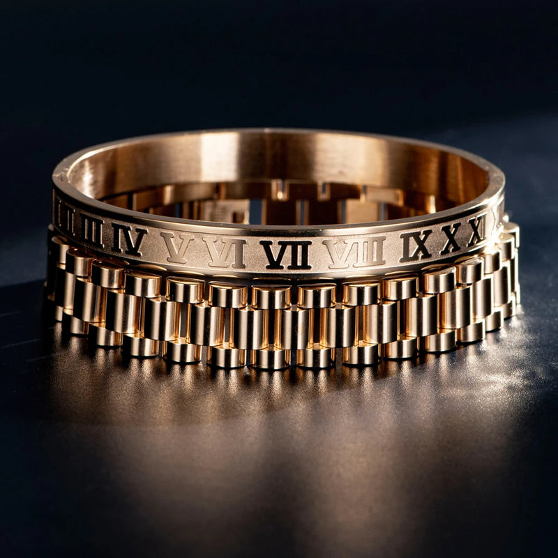 Kit 2 Pulseiras LUXO ROMANO - Joia em Aço Inoxidável Banhada em Ouro e Prata