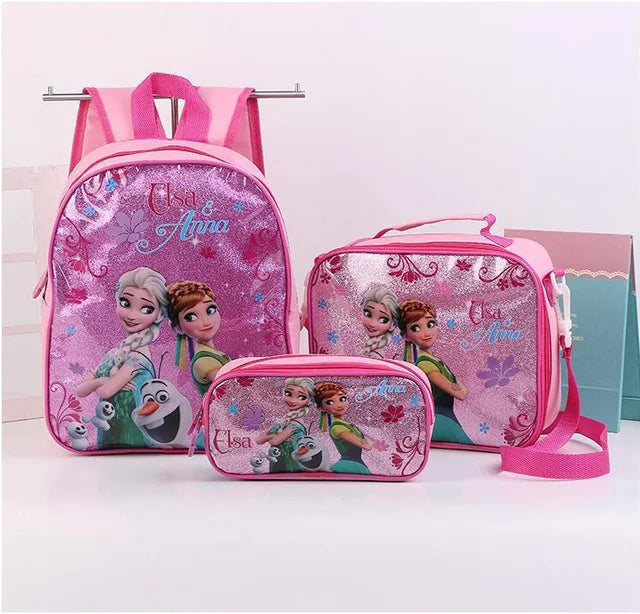 Mochila Infantil Personagens Favoritos Unisex Com Lancheira e Estojo - Frozen, Carros, Homem Aranha, Princesa Sofia